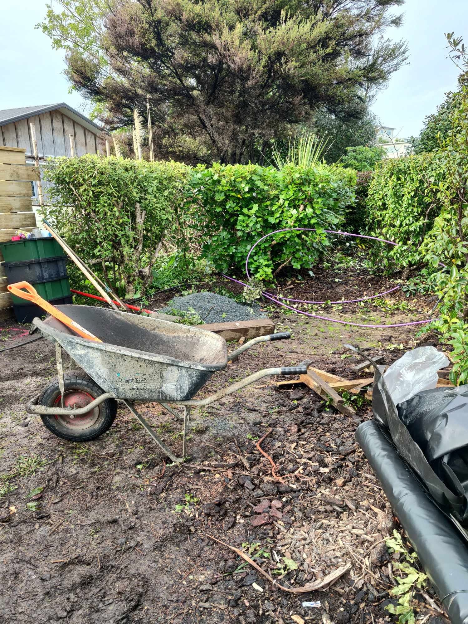 Making the most of the available space with a custom-built polyhouse and raised vegetable boxes crafted from reclaimed railway sleepers, lined with polythene to provide a food-safe growing environment. - Before